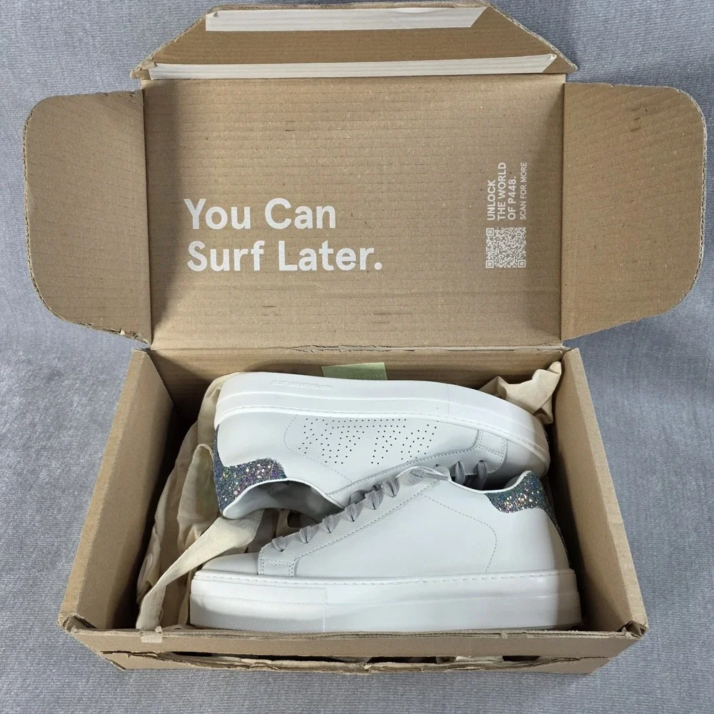 P448 Thea Sneakers Women's 38 White‎ Leather Purple Glitter Multi 7.5 NIB $298